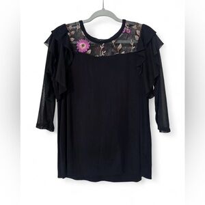 Kim & Cami Women’s Black Floral Blouse – Medium – 3/4 Sheer Ruffle Sleeves